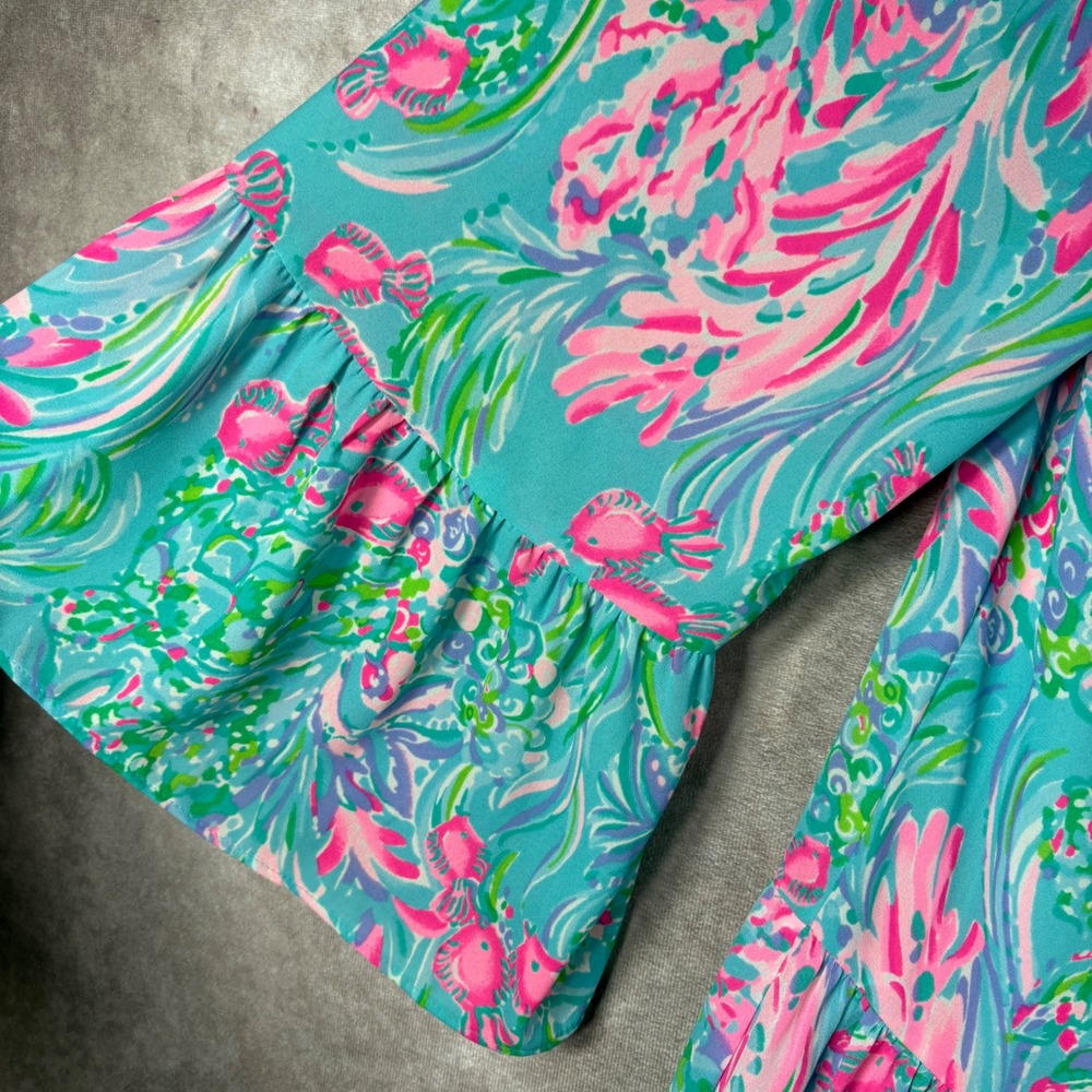 Lilly Pulitzer Gabriel Dress Womens 14 Blue Green Floral Tiered Ruffle Resort - Picture 4 of 10